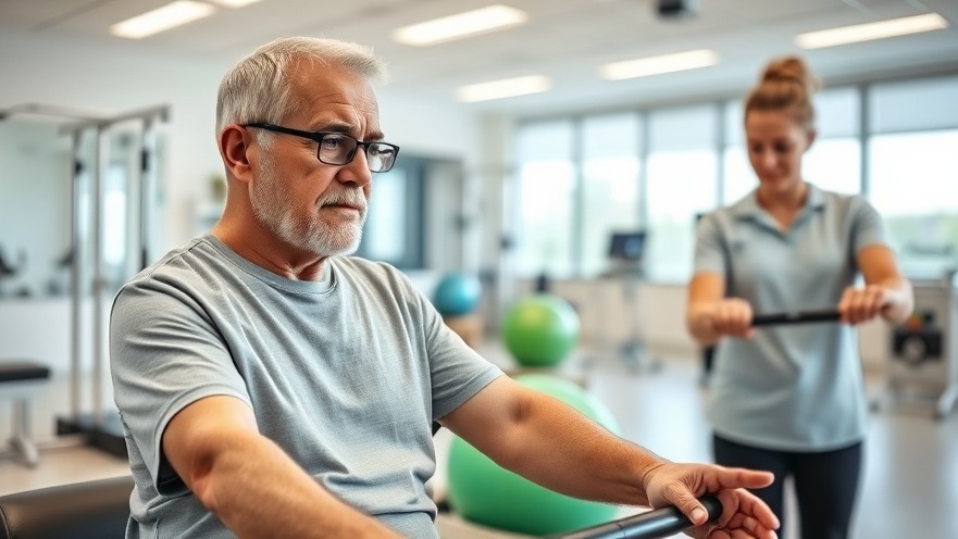 A focused older man assisted by a female physical therapist in a bright rehab center showcasing healthcare franchise benefits.