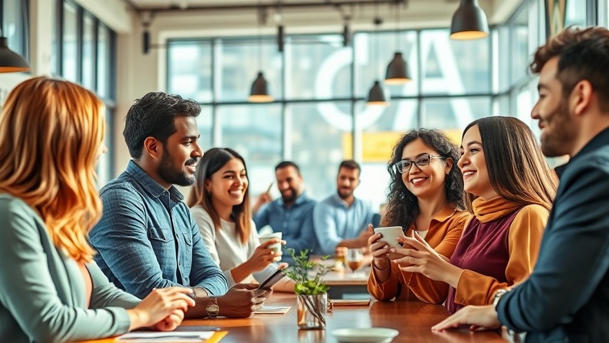 Diverse group interacting with AI tools in a vibrant café, showcasing automation in business.