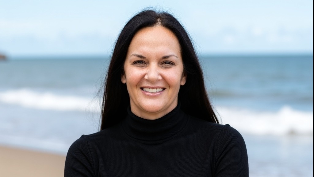 Confident woman on beach, conveying senior care innovation.