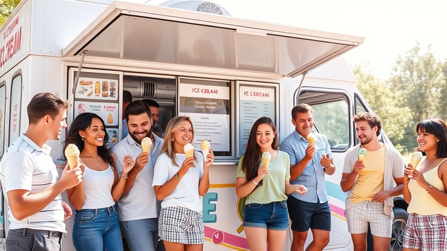 Joyful customers enjoying ice cream from a vibrant, tech-driven franchise truck.