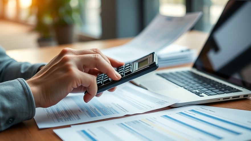 Franchise finance management: Person analyzing documents with a calculator in a modern office.