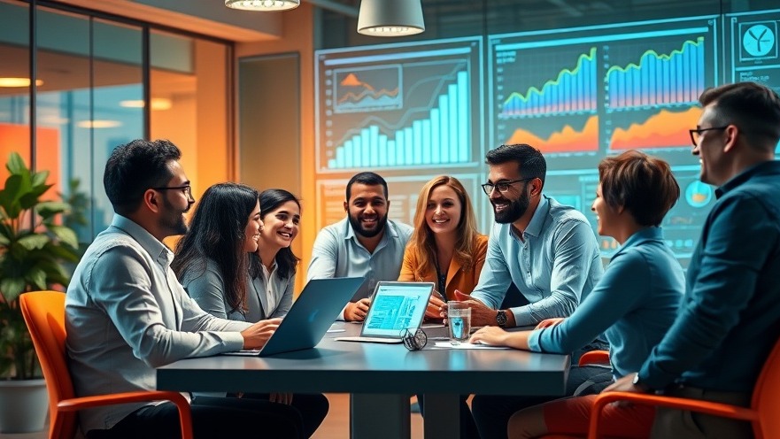 Diverse franchise owners collaborate in a vibrant office using AI in franchising technology.