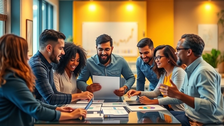 Diverse franchise owners brainstorming with AI-powered franchise solutions in a modern office.