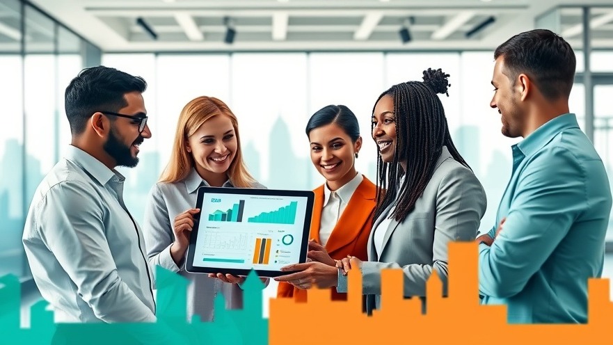 Diverse professionals discussing franchise technology on a digital tablet with analytics.