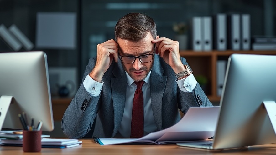 Businessman overwhelmed at desk, exploring franchise automation tools.