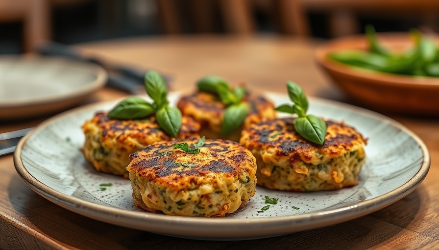 Appetizing plant-based crabby cakes with basil on a plate.