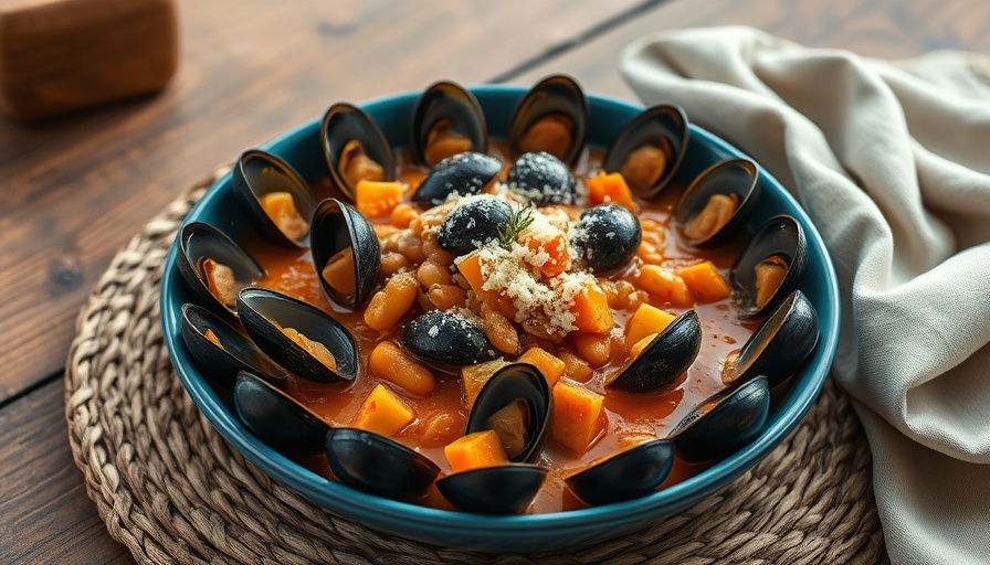 Mussel Bean Pumpkin Stew in ceramic bowl with cheese garnish.