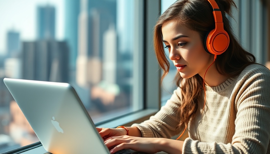 Focused woman with headphones working on a laptop, showcasing neurodiversity at work.