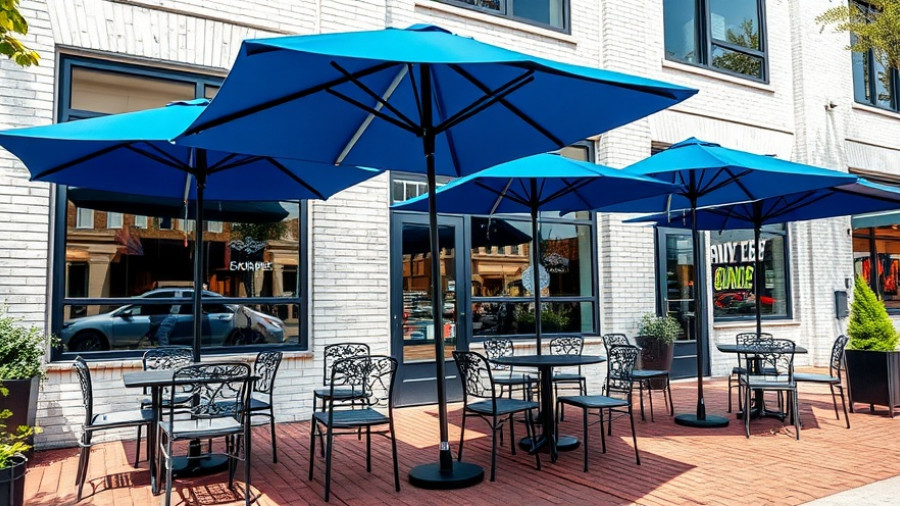 Outdoor seating at Georgia delicious ribs restaurant with blue umbrellas.