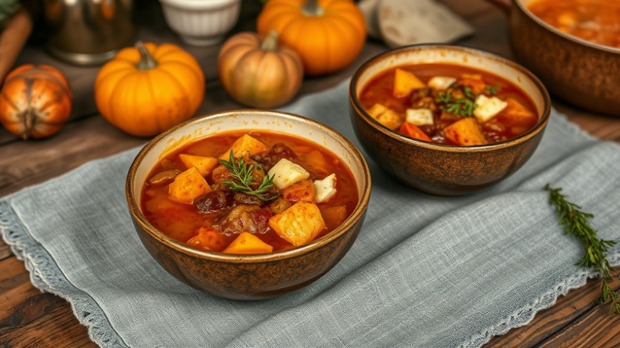 Hearty autumn stew in bowls for seasonal fall recipes.