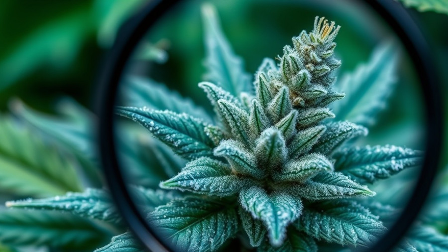 Cannabis plant close-up under magnifying glass, Cannabis Extract Relieves Chronic Low Back Pain.