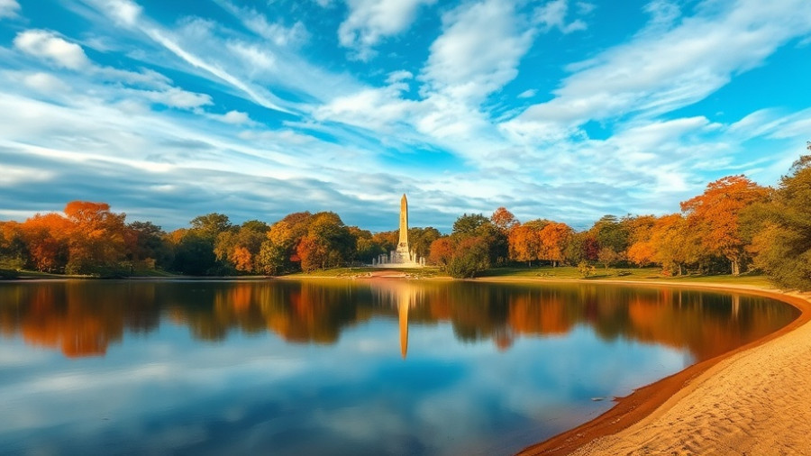 High Point State Park New Jersey lake view with autumn leaves.