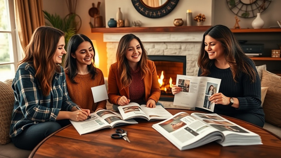 Women designing vision boards in cozy living room, learning how to host a vision board party.