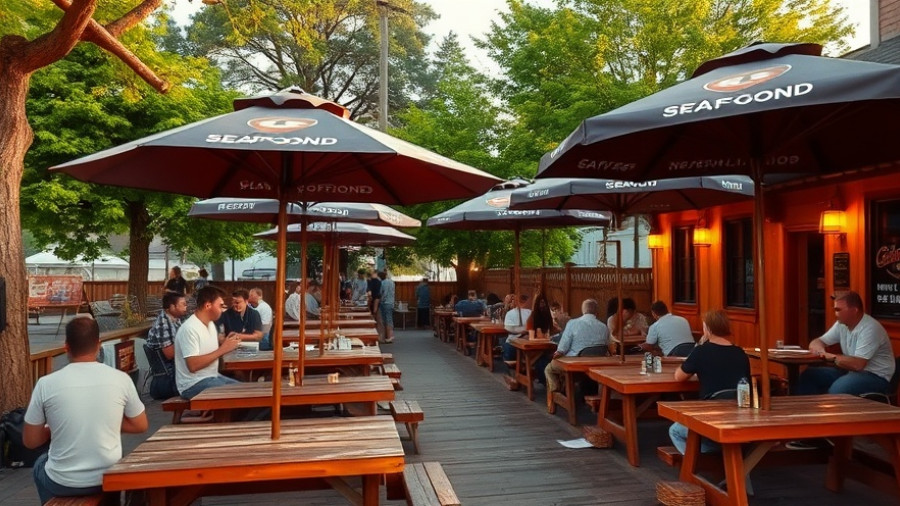 Rustic seafood restaurant in Georgia with picnic tables and umbrellas