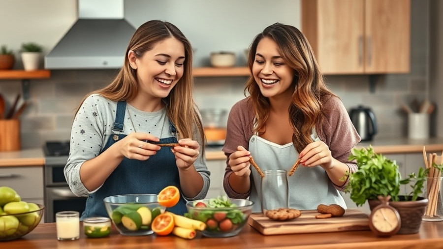Two friends engaging in cooking as part of a mood-boosting diet.