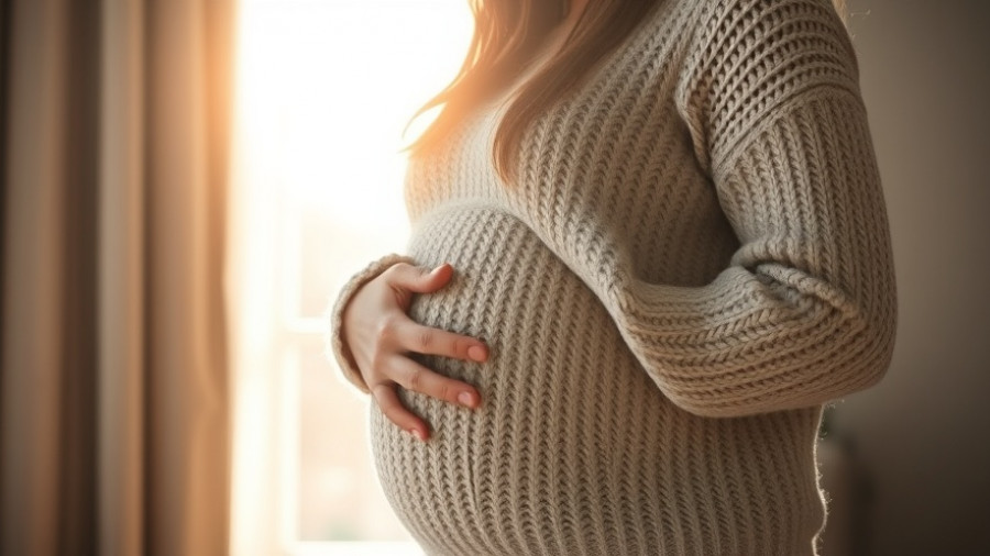 Pregnant woman in knit sweater saving money on maternity clothes