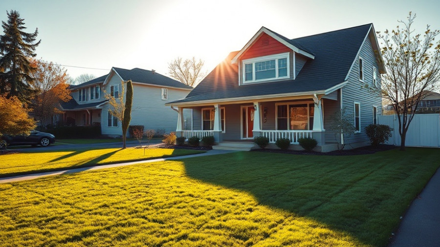 Sunny suburban house with shadows in yard.