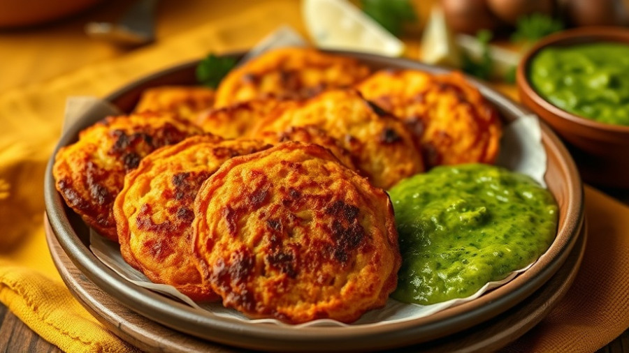 Crispy sweet potato patties with cilantro and chutney on a rustic plate.
