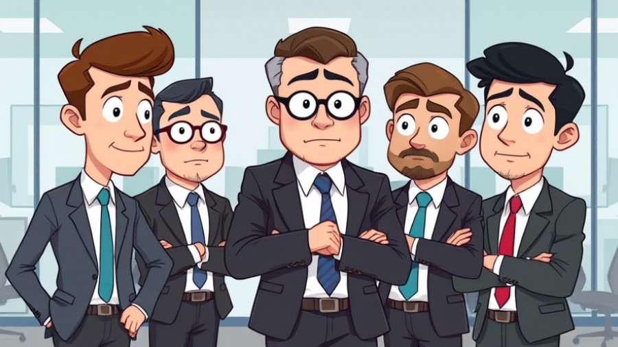 Cartoon businessmen in office whispering, illustrating 'Buy Hold and Rebalance'.