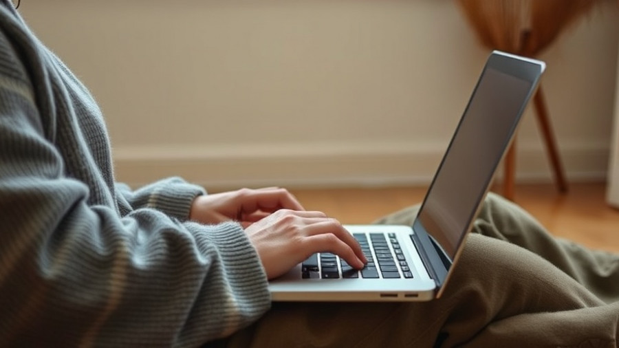 Person in gray sweater focused on typing, reducing cyberchondria.