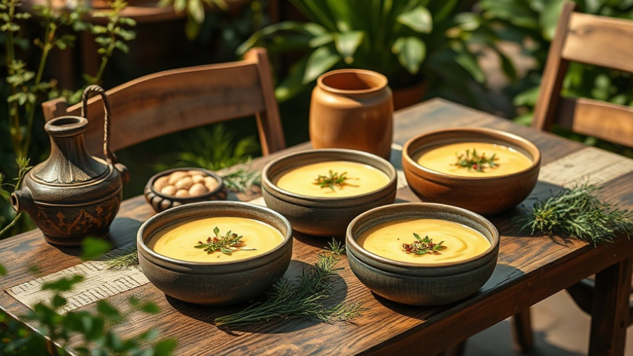 Rustic table setting with creamy soup for soup party recipes