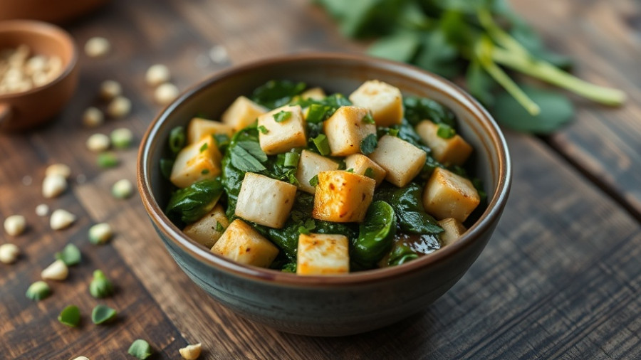 Delicious Brussels sprout and spinach saag tofu dish on wooden table.
