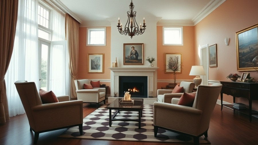 Sophisticated living room with elegant decor and warm lighting.