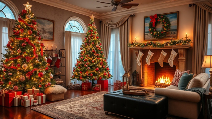 Charming festive Christmas living room theme with tree and fireplace.