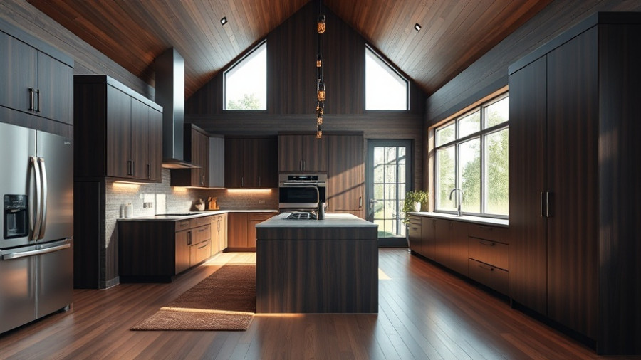 Modern kitchen design for multigenerational living with dark cabinets.