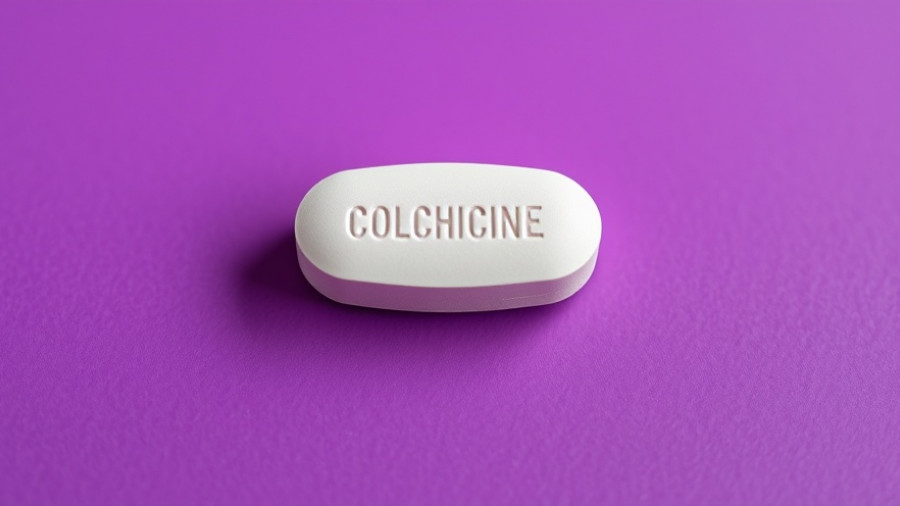 Colchicine tablet on purple surface for gout and cardiovascular outcomes.