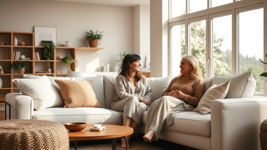 Two women discussing signs of perimenopause in a cozy living room.