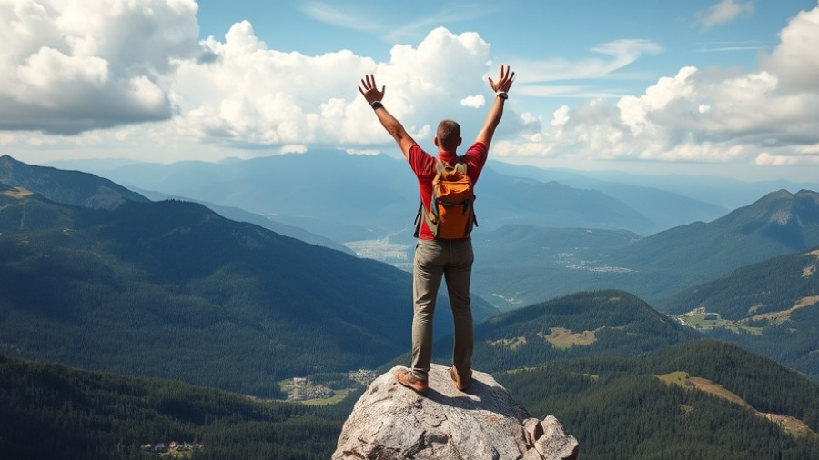 Achieving concrete financial goals symbolized by triumphant hiker on cliff.