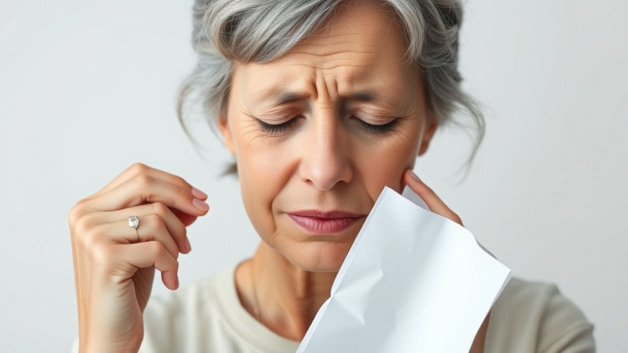 Woman experiencing hot flashes, holding a paper.