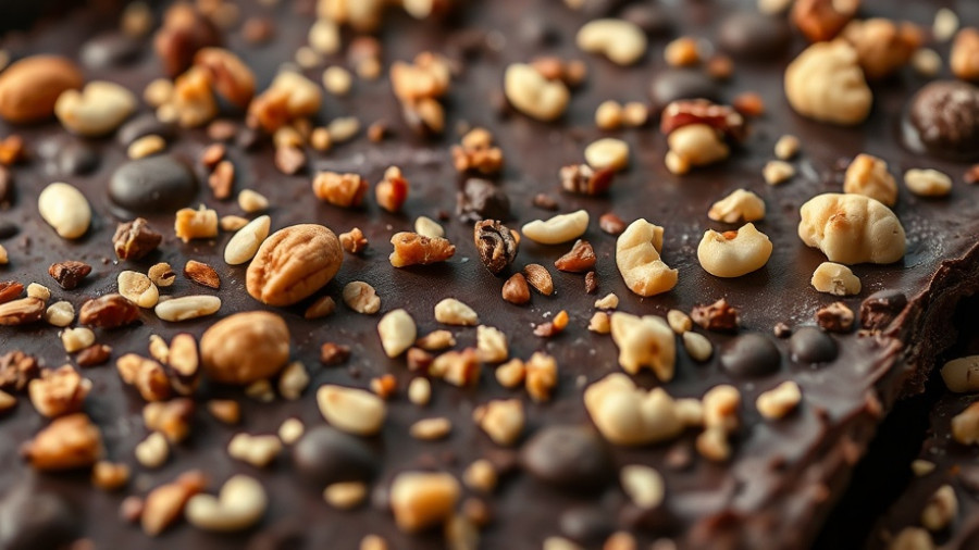 Close-up of chocolate bark with nuts and seeds, a gourmet treat.