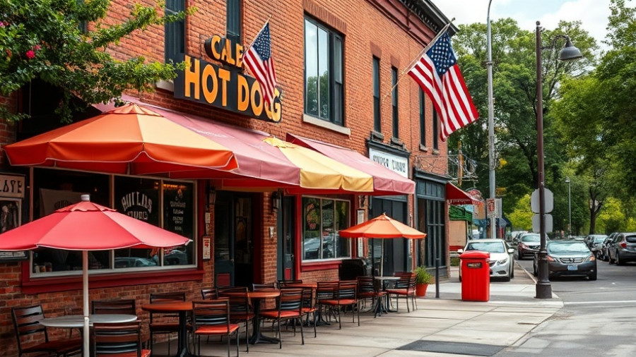Iconic Hot Dog Joints In Georgia with vibrant outdoor seating and American flag.