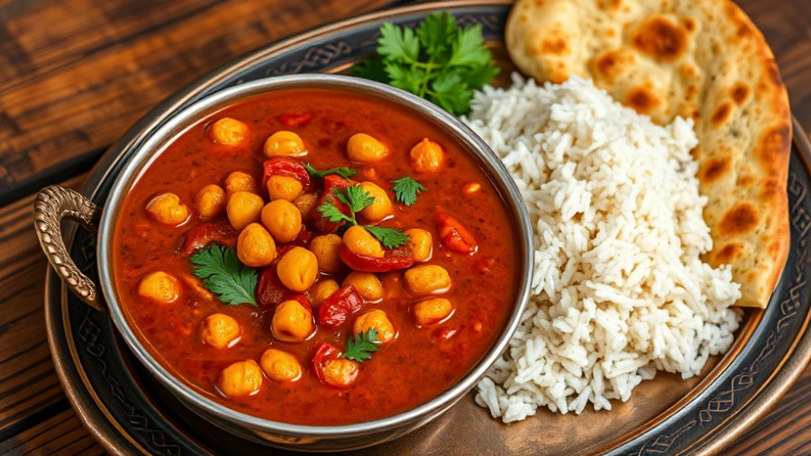 Red Pepper and Chickpea Korma Curry with naan and rice, appetizingly displayed.