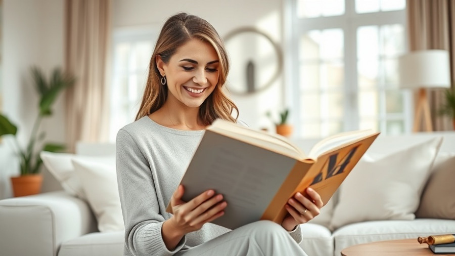 Woman enjoying a peaceful 5-to-9 routine, reading a book in a cozy living room.