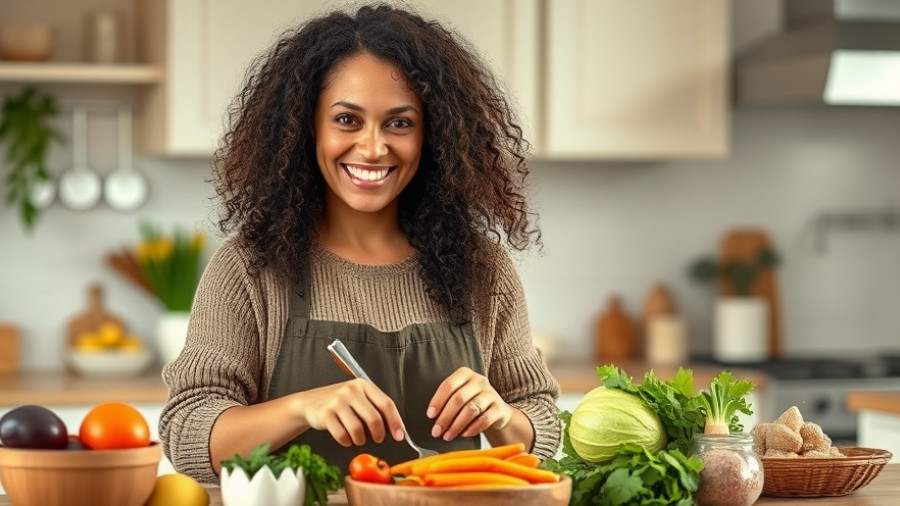 Smiling woman preparing healthy food in cozy kitchen, highlighting immune boosting habits for fall.