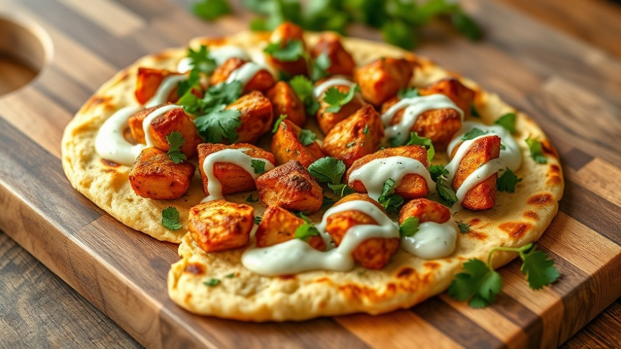 Tandoori chicken flatbread with cilantro lime crema on wooden board.