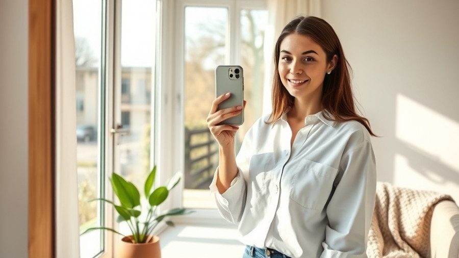 Modern woman in a white button-down, cozy sunlit room selfie.