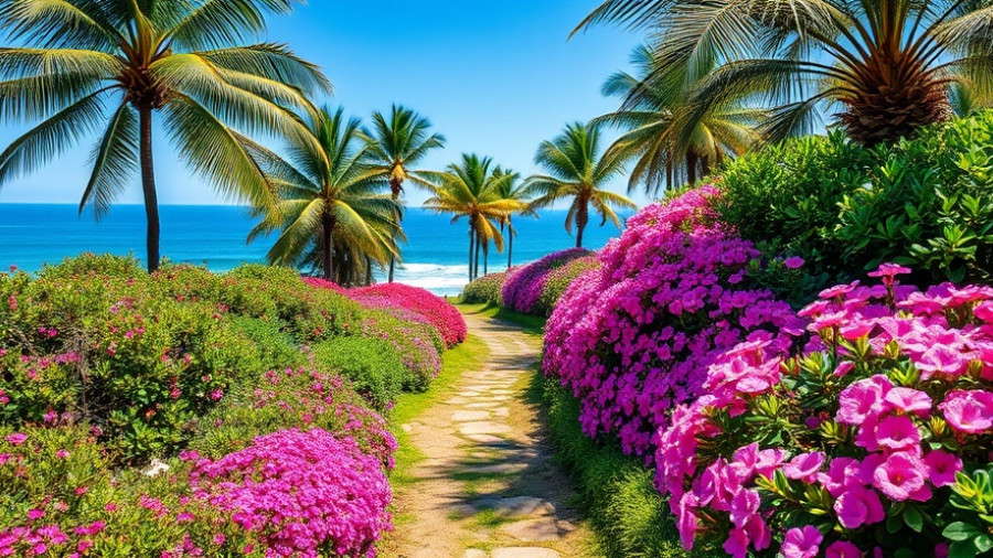 Colorful coastal path with flowers and palm trees near ocean, ideal for wellness retreats in Santa Barbara.