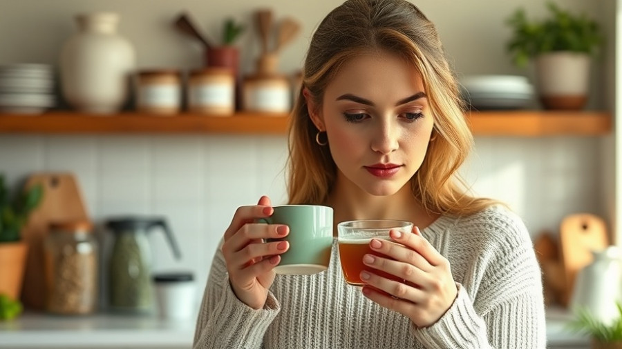 Woman enjoying herbal tea in cozy kitchen setting.