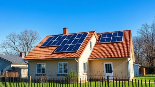Bifacial solar panels on rural house roof under a bright blue sky.