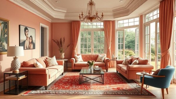Pink sofa living room ideas in a warm-toned elegant space with chic decor.