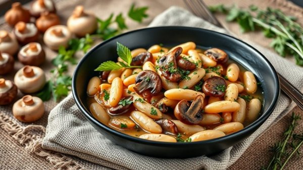 Cannellini beans with wild mushrooms elegantly presented in a black bowl on rustic fabric.