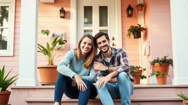 Couple on porch receiving Kiva microloans, smiling together.