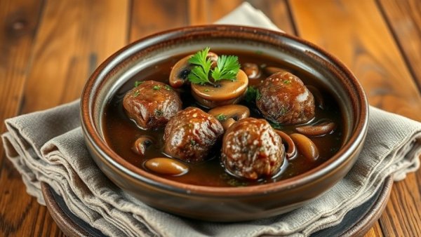 Elk meatball and wild mushroom stew in rustic bowl with garnish.
