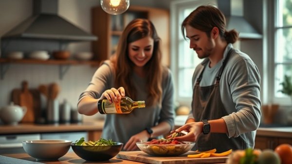 Two people in the kitchen sharing cooking tasks, emphasizing the benefits of sharing meals.