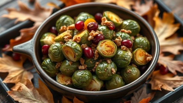 Brussels sprouts with orange ginger and walnuts in an autumn setting.