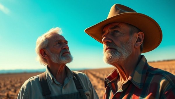 Farmer looking worried under a blue sky, symbolizing climate strain.